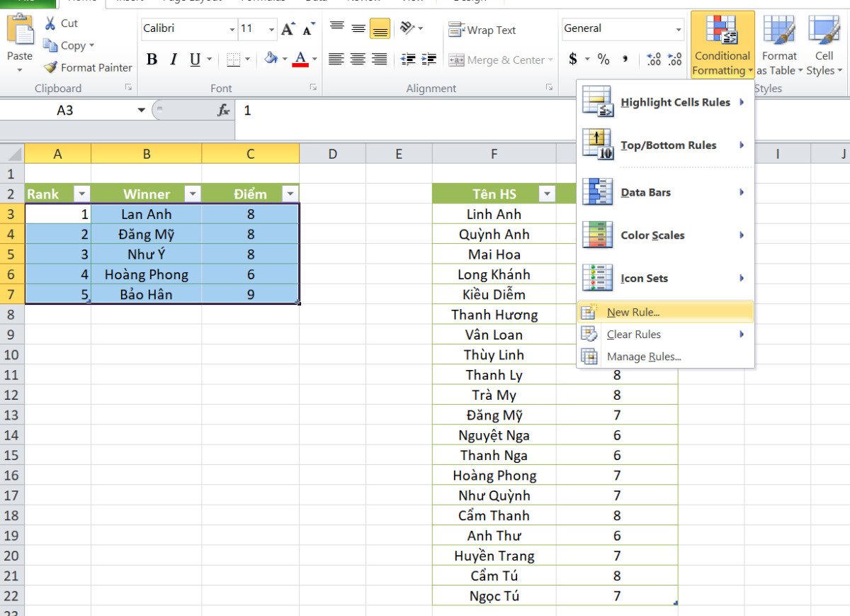 Hướng dẫn sử dụng hàm VLOOKUP vào định dạng có điều kiện trong Excel
